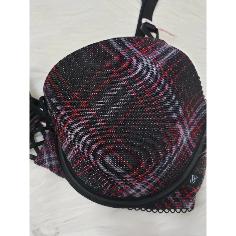 NEW 32D VICTORIA'S SECRET LIGHTLY LINED DEMI BRA  BLACK SHIMMER CHECKERED PLAID